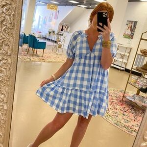 Lalavon Women’s Large Light Blue & White Gingham Puff Sleeves Babydoll Dress